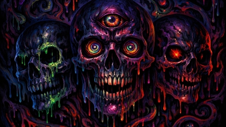 Trippy Dripping Skulls in Psychedelic Neon Dreamscape wallpaper
