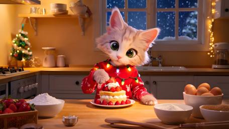 Festive Kitty Baking Christmas Cake in a Cozy Cartoon Kitchen wallpaper