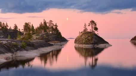 Moonlit Sunset Calm Over Ladoga Lake Islets Russia wallpaper