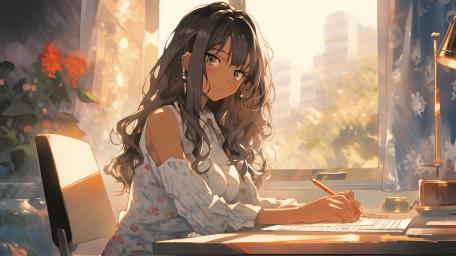 Sunlit Study Moment with a Long Haired Anime Girl in 4K wallpaper