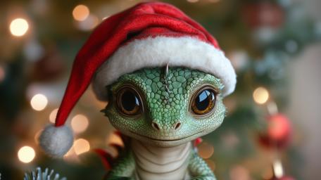Festive Baby Dragon in Santa Hat Christmas Glow 4K Wallpaper wallpaper