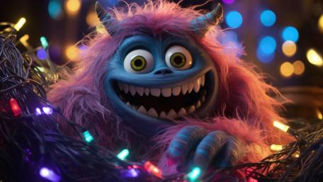 Cranky Holiday Monster Grin Among Twinkling Christmas Lights wallpaper