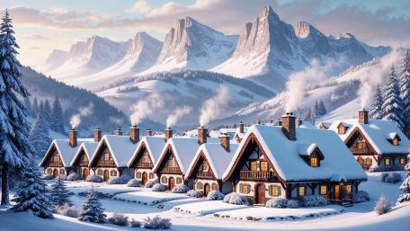 Enchanted Winter Mountain Village Under Dawn Peaks wallpaper