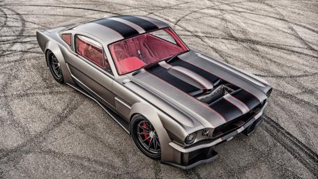 Silver 1965 Mustang Muscle Car with Black Racing Stripes 4K Wallpaper wallpaper