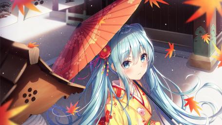 Hatsune Miku Under Autumn Leaves With Traditional Umbrella 4K Anime Wallpaper wallpaper
