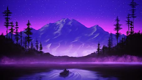 Midnight Boat Drift on a Violet Mountain Lake wallpaper