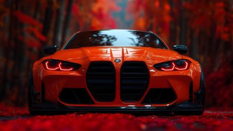 Red and Black BMW M4 Front View in Autumn Glow wallpaper