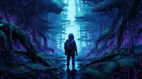 Wandering the Neon Forest Pathway Beneath Purple Rain wallpaper