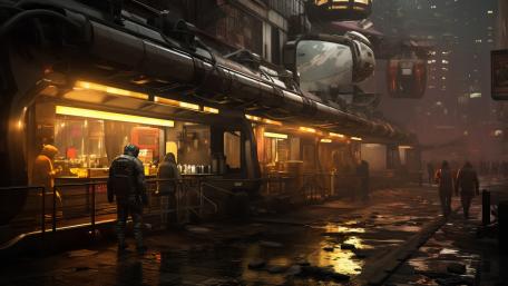 Neon Diner Under Elevated Rails in a Rainy Cyberpunk City wallpaper