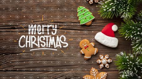 Rustic Merry Christmas Cookies and Pine 5K Celebration Wallpaper wallpaper