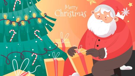 Cozy Merry Christmas Santa and Tree with Gifts Illustration wallpaper