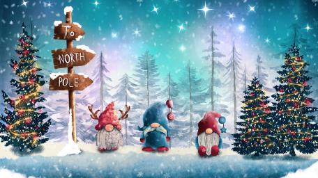 Whimsical North Pole Christmas Elves Under Twinkling Winter Stars wallpaper