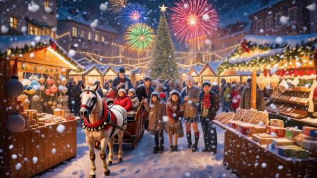 Fireworks Over a Snowy Christmas Market Celebration Illustration in 5K wallpaper