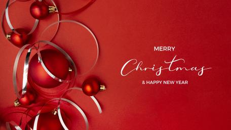 Elegant Red Christmas Ornaments with Merry Christmas Greeting in 5K wallpaper