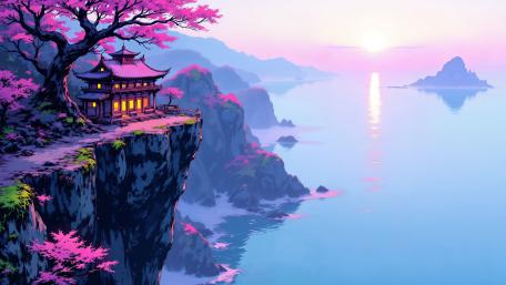 Sakura Cliff Shrine Over a Tranquil Anime Sea at Sunrise wallpaper