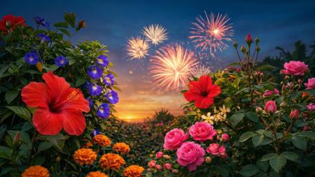 Hibiscus Garden Fireworks at Sunset in Vibrant AI Flower Fantasy wallpaper