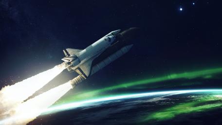 Spaceplane Ascending Beyond the Emerald Aurora wallpaper