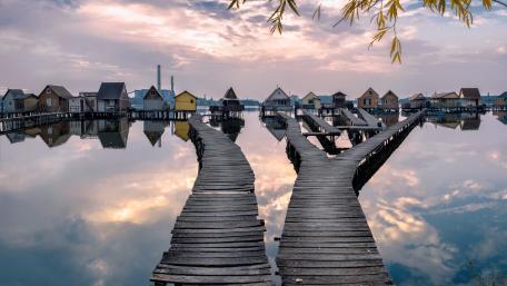 Tranquil Overwater Cabins at Bokod Lake Hungary at Dawn wallpaper