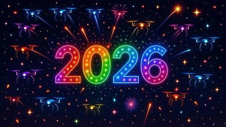 Neon Rainbow 2026 Celebration Sky with Drones and Fireworks wallpaper