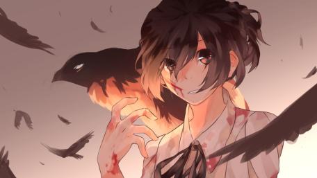 Featherstorm Resolve Manga Girl with Raven Wings at Dusk wallpaper