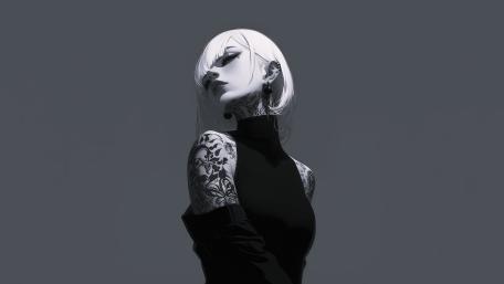 Monochrome Gothic Anime Girl With White Hair And Intricate Tattoos wallpaper