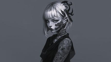 Monochrome Silver Haired Anime Girl with Inked Darkness wallpaper