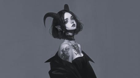 Gothic Demon Girl Portrait with Horns and Inked Elegance wallpaper
