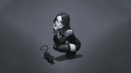 Monochrome Goth Anime Girl with Black Cat and Inked Sleeves wallpaper