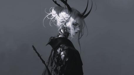 Monochrome Horned Sorceress in Silent Side Profile wallpaper