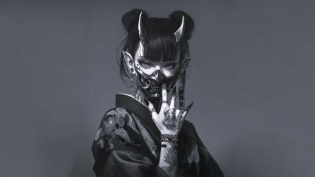 Monochrome Demon Horned Samurai Girl in Kimono Dark Fantasy wallpaper