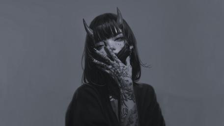 Monochrome Demon Horned Gothic Anime Girl with Long Hair and Tattoos wallpaper