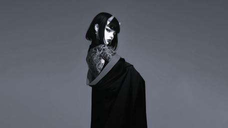 Monochrome Horned Goth Anime Girl in Silent Midnight Elegance wallpaper