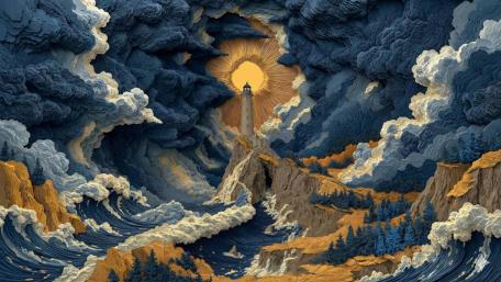 Golden Beacon Through Stormtorn Skies in a Surreal Ocean Realm wallpaper