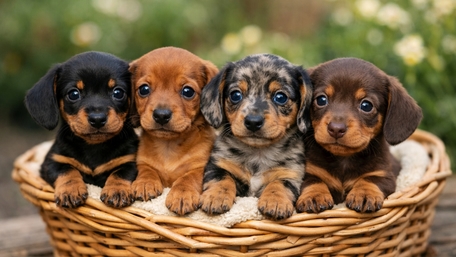 Adorable Dachshund Puppies in a Cozy Basket Garden Scene wallpaper