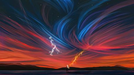 Lone Spellcaster Facing a Celestial Vortex in an Epic Sky wallpaper
