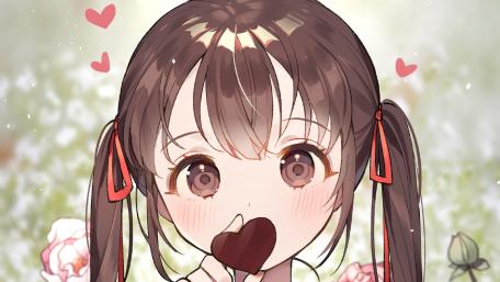Kawaii Valentine Anime Girl with Heart Chocolate and Blushing Smile wallpaper