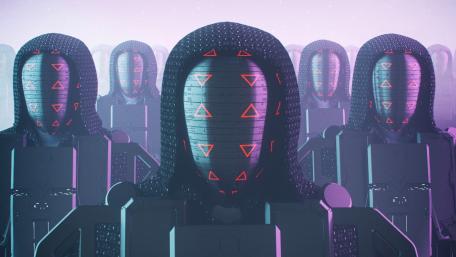 Neon Hooded Android Legion in a Cyberpunk Dreamscape wallpaper
