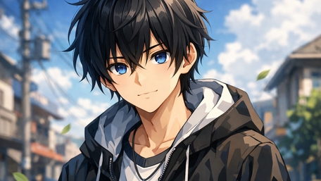 Blue Eyed Anime Boy with Messy Black Hair on a Sunny Street wallpaper