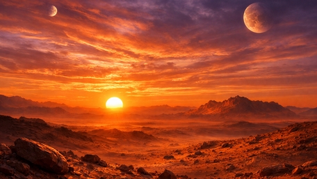 Crimson Sunset Over an Alien Desert Horizon wallpaper