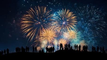 New Years Day Fireworks Over Silhouetted Crowd Celebration Night wallpaper