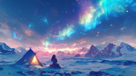 Solitary Winter Camp Beneath Shimmering Aurora Skies in Anime Style wallpaper