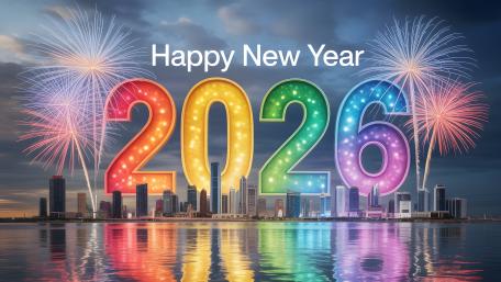 Vibrant 2026 New Year Fireworks Over City Skyline Reflection wallpaper