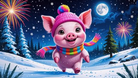 Joyful New Year Piggy Under Fireworks in a Winter Wonderland wallpaper