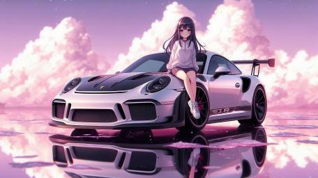 Pink Horizon Porsche 911 GT3 RS Anime Reflection Dreamscape wallpaper