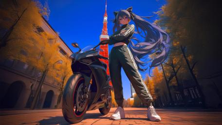 Blue Haired Rider Under a Tokyo Skyline in Crisp Anime Style wallpaper