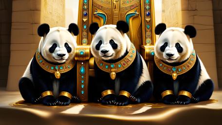 Royal Panda Trio in Ancient Golden Temple AI Art 5K wallpaper