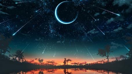 Crescent Moon Meteor Shower Over Tranquil Twilight Lake wallpaper