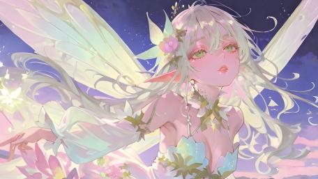 Celestial Elf Fairy Soaring Through Pastel Twilight Skies wallpaper