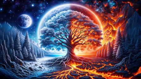 Tree of Life Between Frost and Flame Under Twin Moons wallpaper
