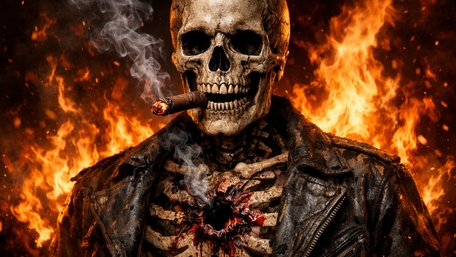 Cigar Smoking Skull Warrior Amid Inferno Cinematic Fantasy Wallpaper wallpaper